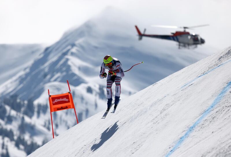 France's Matthieu Bailet during the men's downhill event at the FIS Ski World Cup in Saalbach-Hinterglemm, Austria, on Saturday, March 6. Reuters