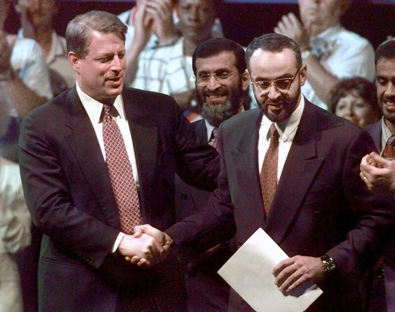 Sheikh Mohammed bin Zayed shakes hands with US vice president Al Gore at the Lockheed Martin aircraft plant in Fort Worth, Texas. The UAE announced it plans to spend US$7 billion for 80 F-16 fighter jets manufactured by Lockheed Martin. Ron Heflin / AP Photo / May 15, 1998