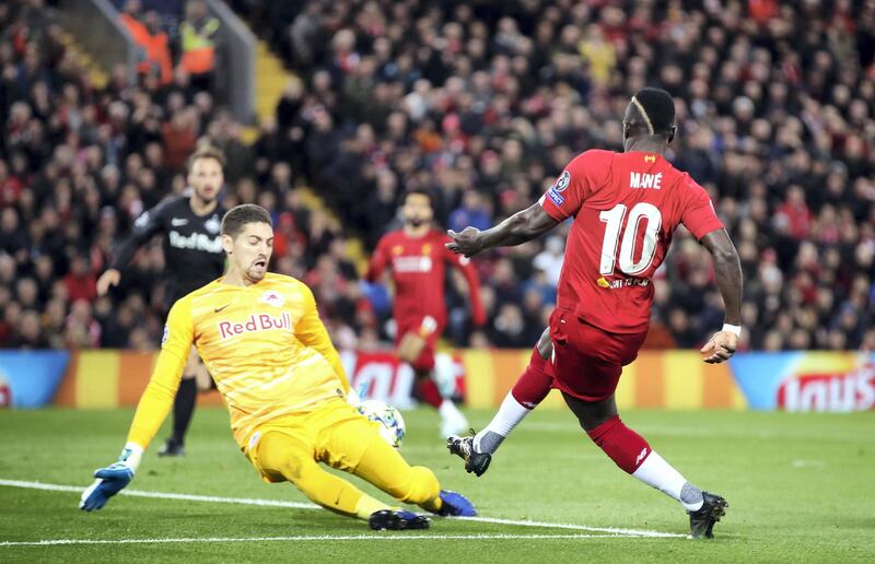 Liverpool's Sadio Mane scores his side's first goal of the game during the UEFA Champions League Group E match at Anfield, Liverpool.