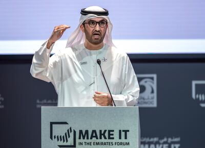 Dr Sultan Al Jaber, the UAE's Minister of Industry and Advanced Technology, and managing director and group chief executive of Adnoc, speaks at the Make it in the Emirates Forum. Victor Besa / The National