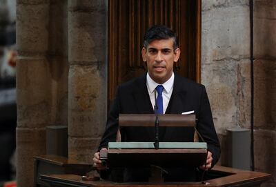 Prime minister Rishi Sunak speaks during the coronation of King Charles III and Queen Camilla at Westminster Abbey, London. Phil Noble / PA Wire