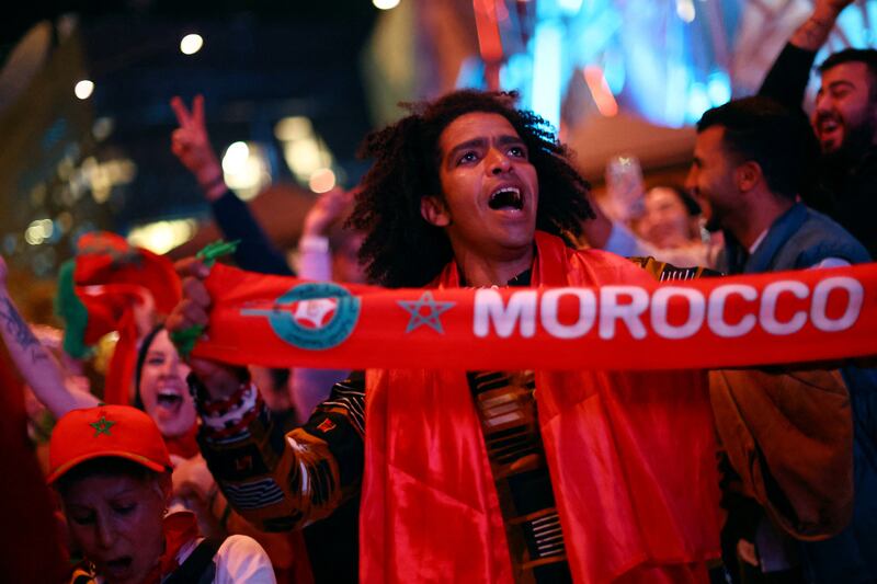 Morocco fans celebrate after Anissa Lahmari's goal at a fan park in Melbourne. Reuters