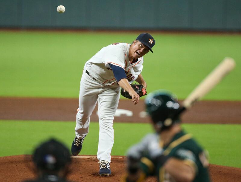 Houston Astros starting pitcher Zack Greinke in action during the first innings against the Oakland Athletics at Minute Maid Park, on Saturday, August 29. USA TODAY Sports