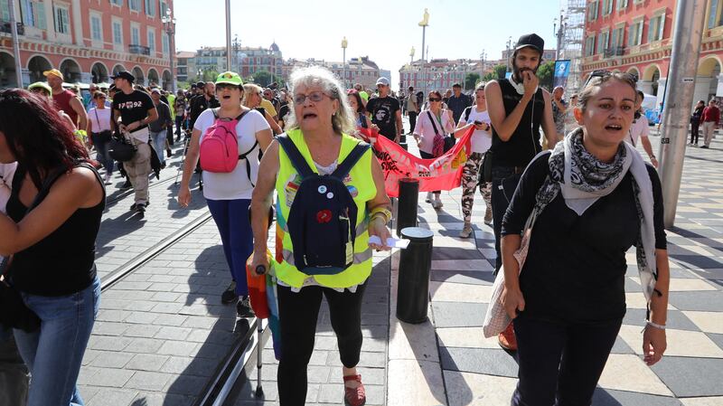 Genevieve Legay, centre, takes part in a Yellow Vests protest in Nice, southern France, in September 2019. AFP