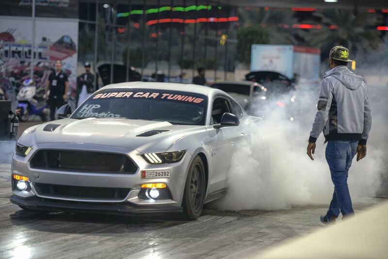 Abu Dhabi, United Arab Emirates - Highly customized Mustangs at the Drag Race Car Show event sponsored by Premium Motors & organized by Emirates Mustang Club at Yas Marina Circuit on January 29, 2018. (Khushnum Bhandari/ The National)
