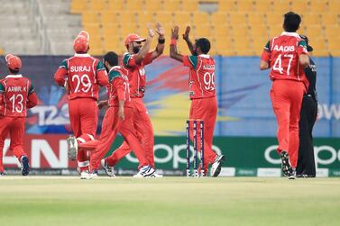 Oman celebrate are well placed at the T20 World Cup Qualifier having won three of their four matches so far. Courtesy Abu Dhabi Sports Council.