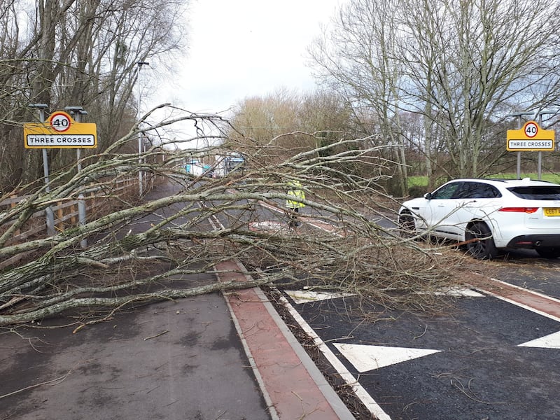 A fallen tree on the road in Ross-on-Wye, near England's border with Wales, during Storm Dudley. PA