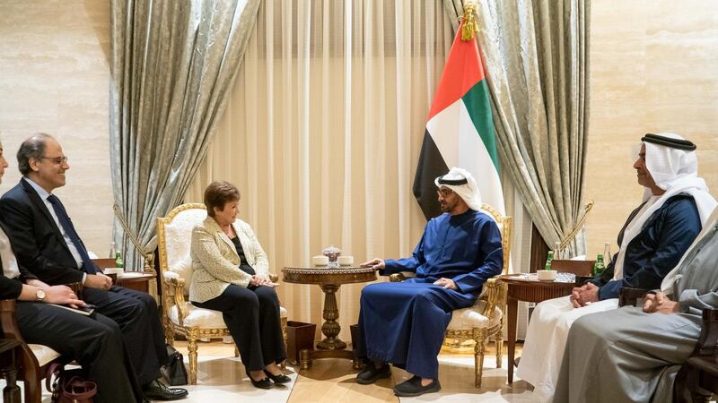 ABU DHABI, UNITED ARAB EMIRATES - February 16, 2020: HH Sheikh Mohamed bin Zayed Al Nahyan, Crown Prince of Abu Dhabi and Deputy Supreme Commander of the UAE Armed Forces (2nd R), meets with Kristalina Georgieva, Managing Director of International Monetary Fund (IMF) (3rd R), at Al Shati Palace. Seen with HH Lt General Sheikh Saif bin Zayed Al Nahyan, UAE Deputy Prime Minister and Minister of Interior (R).

( Rashed Al Mansoori / Ministry of Presidential Affairs )
---