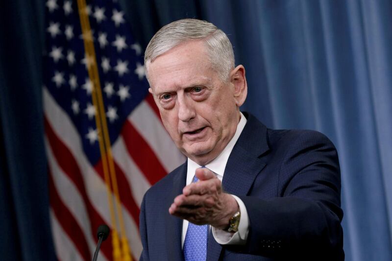 FILE PHOTO: U.S. Defense Secretary James Mattis gestures during a press briefing at the Pentagon in Washington, U.S., May 19, 2017. REUTERS/Yuri Gripas/File Photo