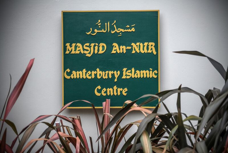 A sign is displayed at Al Noor mosque after it was officially reopened following last week's attack, on March 23, 2019 in Christchurch. Getty Images