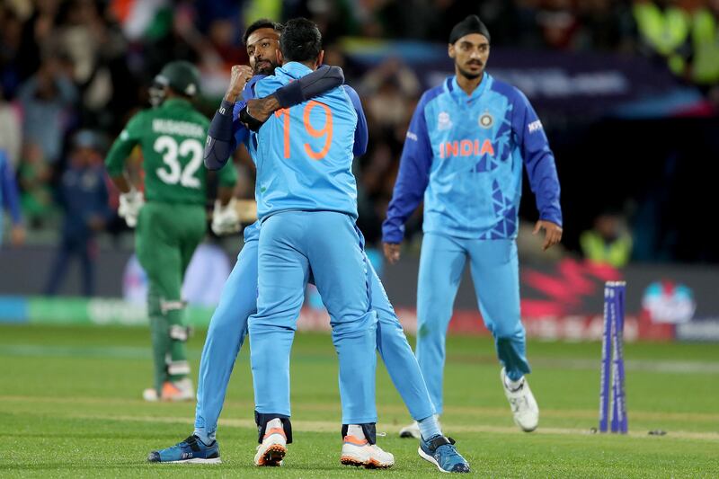 India's Hardik Pandya celebrates the wicket of Bangladesh's Mosaddek Hossain in Adelaide. AFP