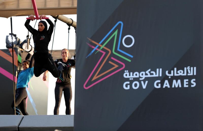 Dubai, United Arab Emirates - April 06, 2019: A member of the F3 team takes part in the women's finals of the Gov Games 2019. Saturday the 6th of April 2019. Kite Beach, Dubai. Chris Whiteoak / The National