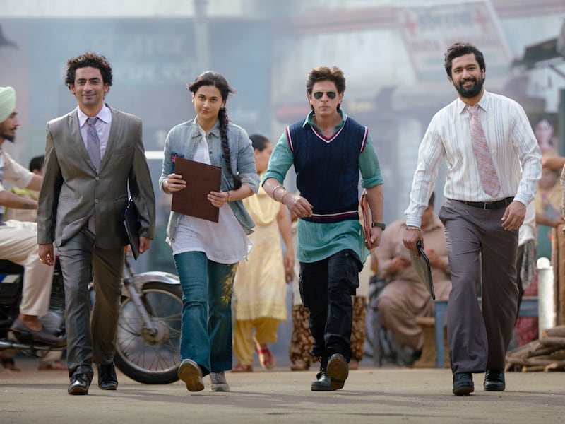 From left, Anil Grover, Taapsee Pannu, Shah Rukh Khan and Vicky Kaushal in Dunki. Photo: Yash Raj Films