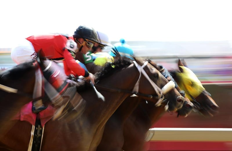 The field runs in the first race prior to the 139th running of the Preakness Stakes at Pimlico Race Course on Saturday. Patrick Smith / Getty Images / AFP / May 17, 2014
