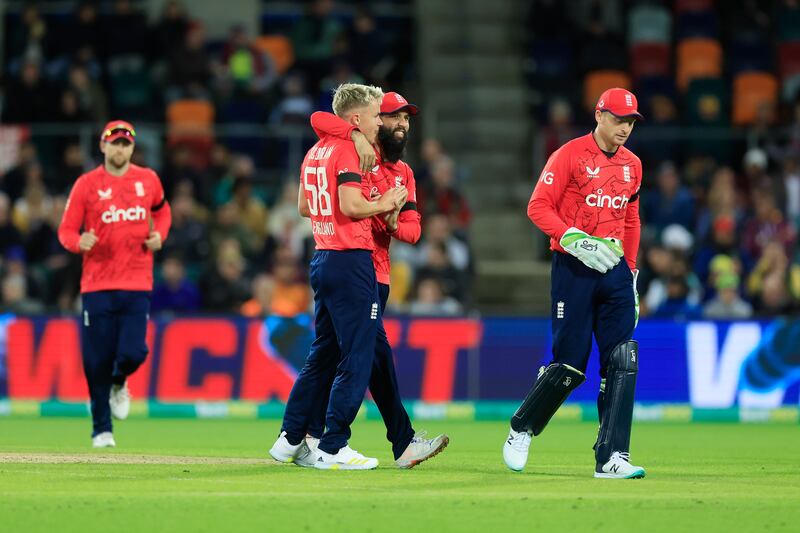 Sam Curran of England celebrates the wicket of Glenn Maxwell. Getty 