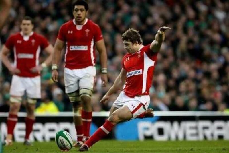 Leigh Halfpenny kicks the winning penalty against Ireland last Sundayfor Wales. He may kick again today against Scotland.