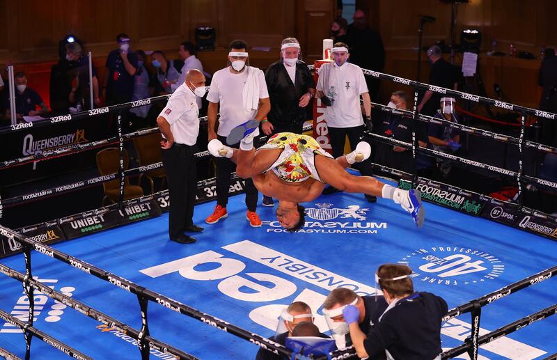 Joe Joyce celebrates his victory over Daniel Dubois after the WBC silver heavyweight title, British, Commonwealth and European heavyweight title fight in London on Saturday, November 28. Getty