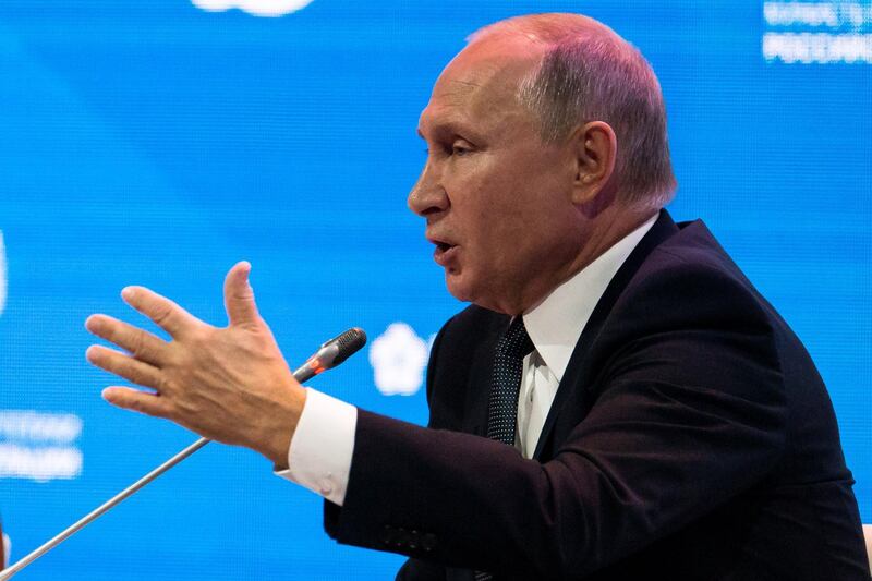 Russian President Vladimir Putin speaks during a session of the Russian Energy Week international forum in Moscow, Russia October 3, 2018. Alexander Zemlianichenko/Pool via REUTERS