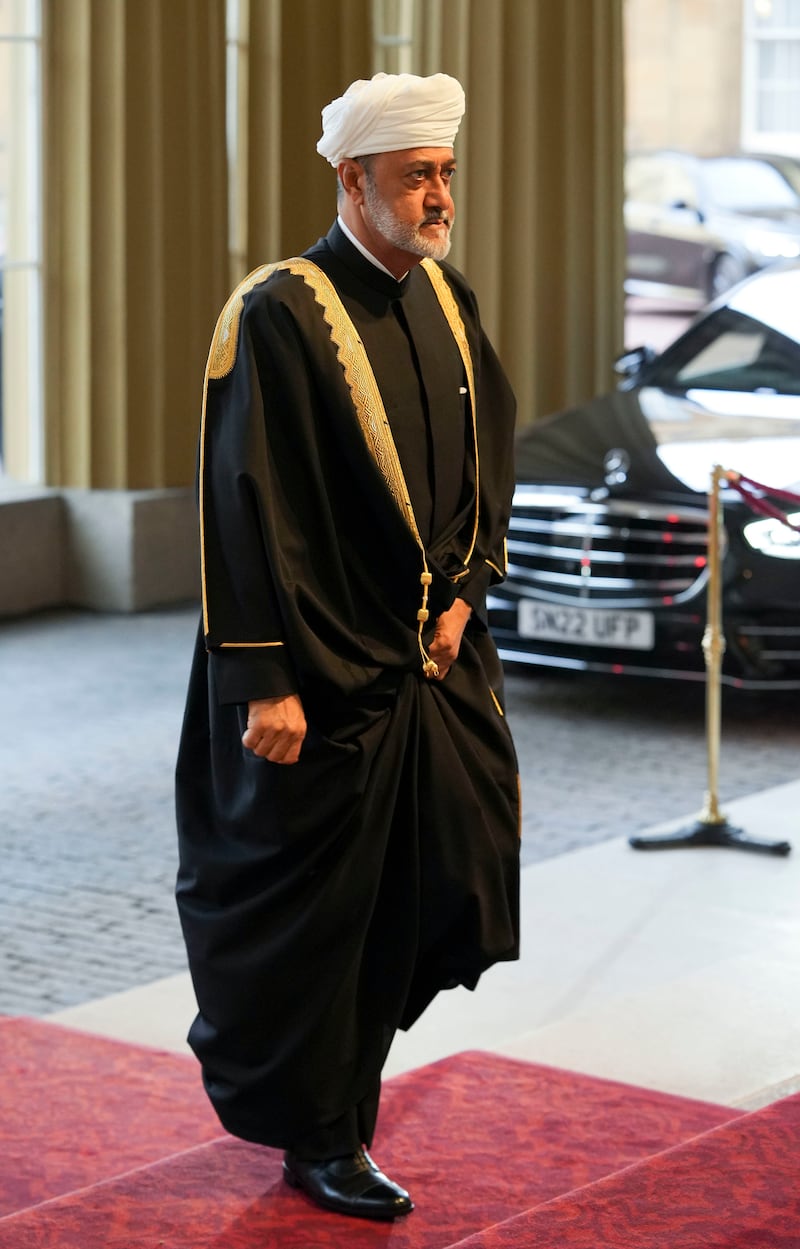 Oman's Sultan Haitham arrives at the reception. AP