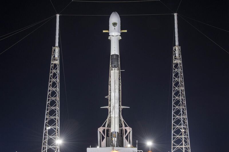 Falcon 9 went vertical on the pad last night ahead of today's launch of the GPS III-5 mission. Webcast will go live about 15 minutes before liftoff. Photo: SpaceX