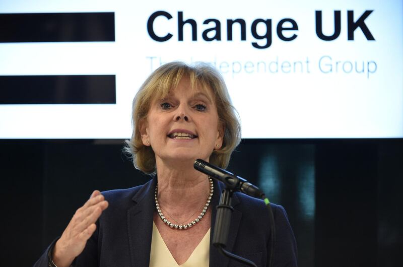 (FILES) In this file photo taken on May 21, 2019 Change UK MP Anna Soubry speaks during a European Parliament election campaign rally at the Manchester Technology Centre in Manchester, northwest England, on May 21, 2019. Britain's breakaway anti-Brexit party, Change UK, imploded on Tuesday just months after its formation with the resignations of six of its 11 MPs. The departing MPs include leader Heidi Allen and fellow ex-Tory Sarah Wollaston, and former Labour MPs Luciana Berger, Gavin Shuker, Angela Smith and Chuka Umunna. Allen was replaced as leader by fellow ex-Tory Anna Soubry. / AFP / Paul ELLIS                       
