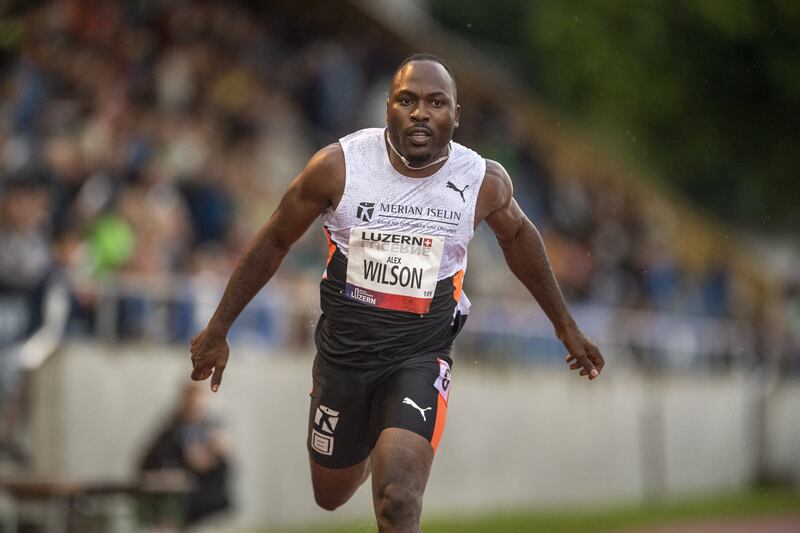 Alex Wilson during the 100m race at the International Athletics Meeting in Lucerne, Switzerland in June 2021.
