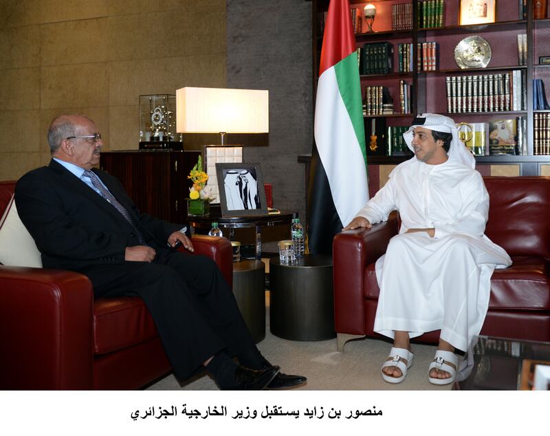 Sheikh Mansour bin Zayed, Deputy Prime Minister and Minister of Presidential Affairs, meets Abdelkader Messahel, Algerian foreign minister, on Tuesday. Wam