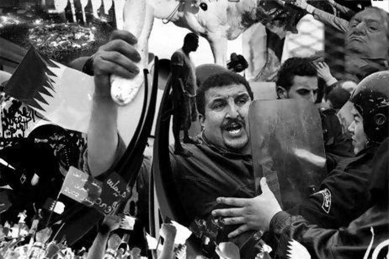 A montage of Arab Spring images by Alex Belman. Martin Bureau/AFP; Ben Curti/AP Photo; Hassan Ammar/AP Photo; Chris Hondros/Getty Image