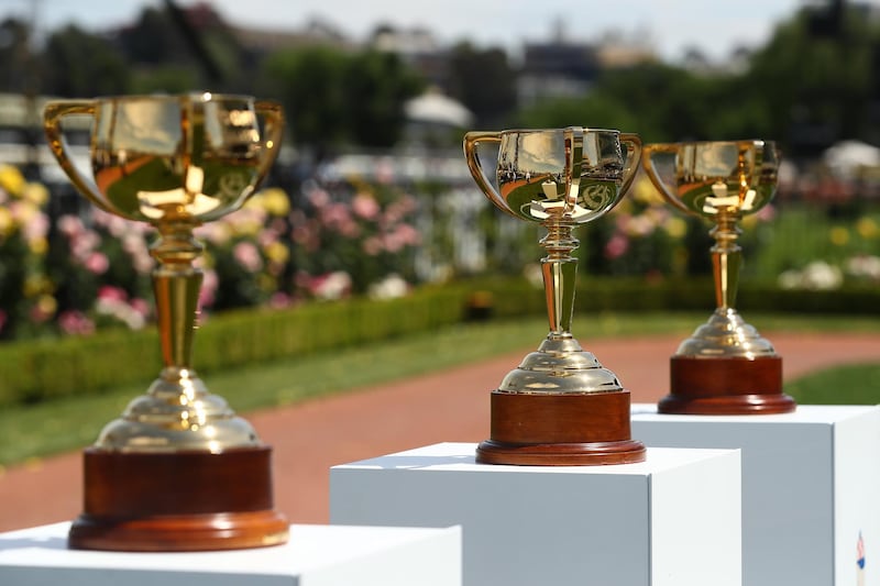 Melbourne Cup trophies won by Makybe Diva are on display during 2020 Lexus Melbourne Cup Day. Getty Images for the VRC