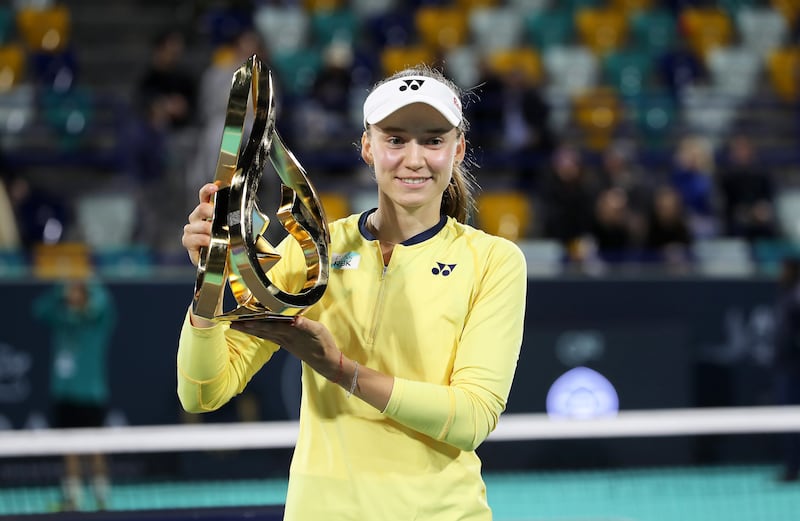 Elena Rybakina holds the trophy after winning the final of the Mubadala Abu Dhabi Open tournament at Zayed Sports City in Abu Dhabi on Sunday, February 11, 2024. All photos: Pawan Singh / The National