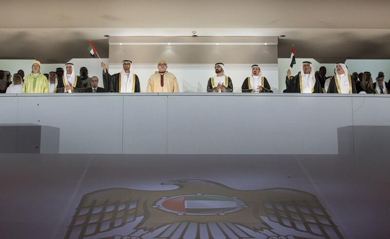 Sheikh Mohammed bin Zayed, Crown Prince of Abu Dhabi Deputy Supreme Commander of the Armed Forces, (4th L) attends the 44th UAE National Day celebrations held at Zayed Sports City. Seen with Sheikh Mohammed bin Rashid, Vice President and Ruler of Dubai (4th R), King Mohammed VI of Morocco (5th R), Sheikh Hamad bin Mohammed, Ruler of Fujairah (2nd L), Sheikh Humaid bin Rashid, Ruler of Ajman (3rd R), Sheikh Saud bin Saqr, Ruler of Ras Al Khaimah (2nd R) and Sheikh Saud bin Rashid, Ruler of Umm Al Quwain (R). Ryan Carter / Crown Prince Court - Abu Dhabi