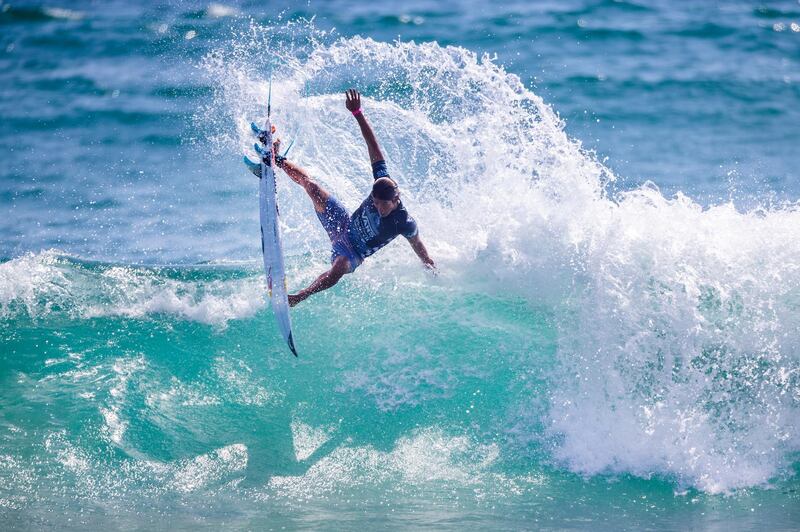 Kanoa Igarashi of the United States in action during the 2018 men's VANS US Open at Huntington Beach, California. Kenneth Morris/EPA