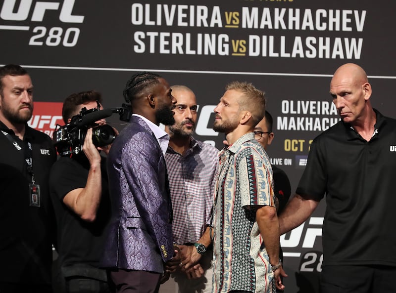 Aljamain Sterling and TJ Dillashaw face off at the press conference.