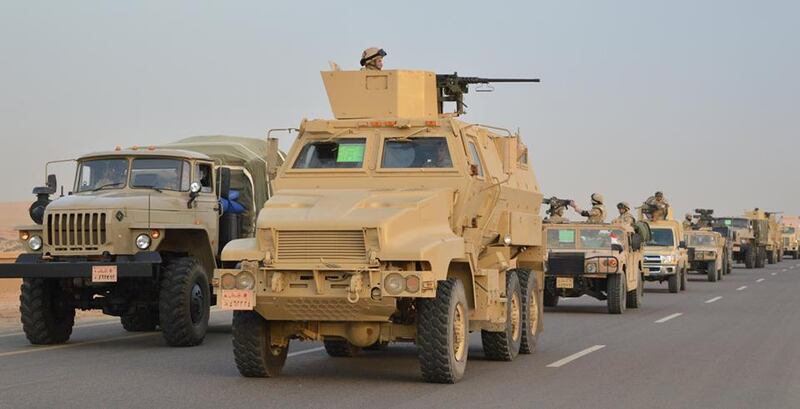 Egyptian Army's Armoured Vehicles are seen on a highway to North Sinai during a launch of a major assault against militants, in Ismailia, Egypt, in this undated handout picture made available by the Ministry of Defence February 9, 2018. Ministry of Defence/Handout via REUTERS ATTENTION EDITORS - THIS IMAGE WAS PROVIDED BY A THIRD PARTY. NO RESALES. NO ARCHIVES