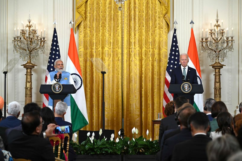 Mr Biden and Mr Modi speak during a joint press conferences in the East Room of the White House in Washington. AFP