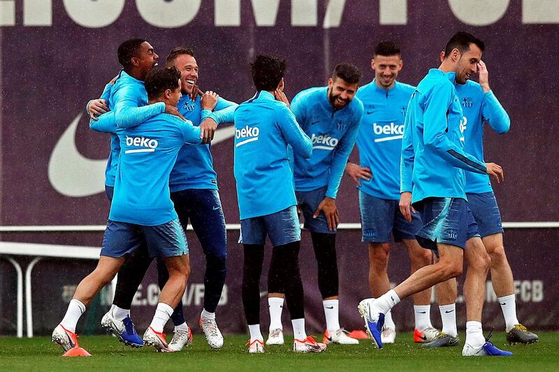 Barcelona's players were in a relaxed mood in training. EPA