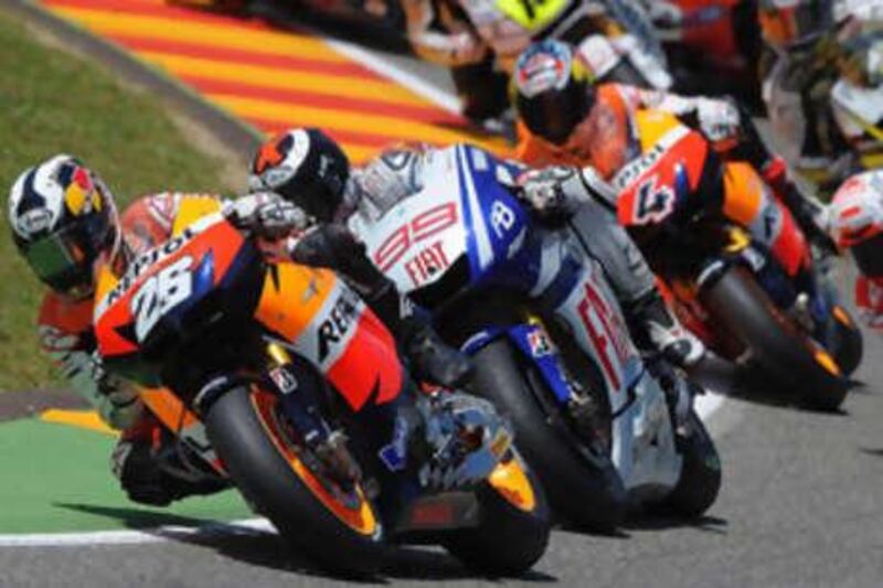 Dani Pedrosa takes the lead at the start of yesterday's Italian Grand Prix. The Spaniard would not be headed all afternoon as he led from start to finish for his first victory of the season.