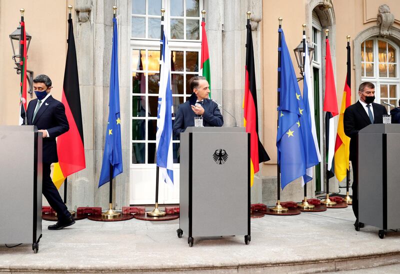 UAE Foreign Minister Sheikh Abdullah bin Zayed, his Israeli counterpart Gabi Ashkenazi and German Foreign Minister Heiko Maas arrive to attend a news conference following their historic meeting at Villa Borsig in Berlin, Germany.  Reuters