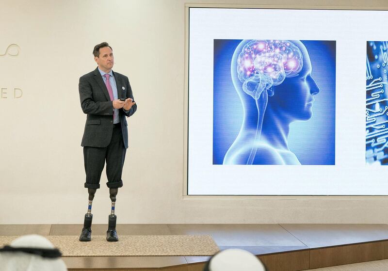 ABU DHABI, UNITED ARAB EMIRATES - May 28, 2018: Professor Hugh Herr delivers a lecture titled ‘The New Era of Extreme Bionics’, at Majlis Mohamed bin Zayed.
 ( Mohamed Al Hammadi / Crown Prince Court - Abu Dhabi )
---