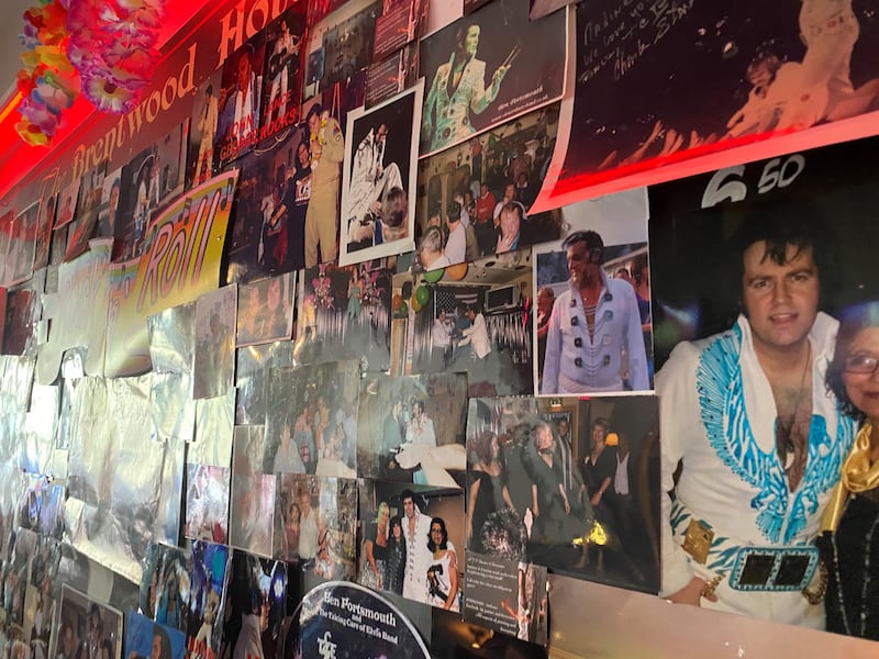 A wall of fame at Porthcawl's Brentwood Hotel featuring Elvis tribute performances.