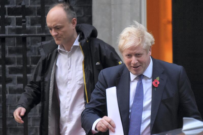 LONDON, ENGLAND - OCTOBER 28: Prime Minister Boris Johnson and his political advisor Dominic Cummings leave 10 Downing Street on October 28, 2019 in London, England. EU leaders have announced that an agreement to extend Brexit until 31 January 2020 has been agreed in principle. (Photo by Peter Summers/Getty Images)