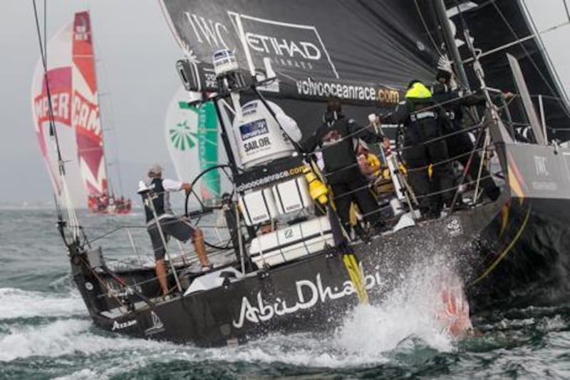Abu Dhabi Ocean Racing, skippered by Ian Walker, pursues the leading pack at the in-port race in Brazil during the 2012 Volvo Ocean Race.