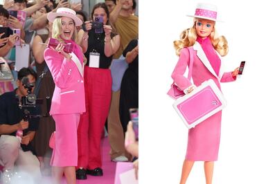 Margot Robbie wears an outfit inspired by the day look worn by Mattel's Day to Night Barbie. AFP; Mattel