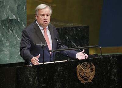 epa07045398 United Nations Secretary General Antonio Guterres speaks to open the General Debate of the General Assembly of the United Nations at United Nations Headquarters in New York, New York, USA, 25 September 2018. The General Debate of the 73rd session begins on 25 September 2018.  EPA/JASON SZENES