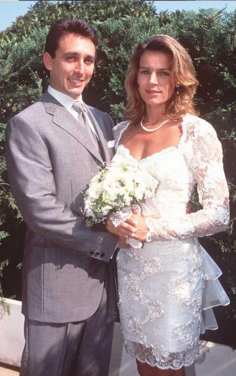 This photograph released 03 July shows Monaco's princess Stephanie and her former bodyguard husband, Daniel Ducruet on their wedding day 01 July in Monaco. AFP PHOTO (Photo by AFP)