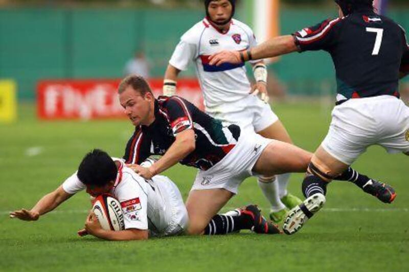 Organisers of the UAE's Rugby league matches are being careful to avoid any conflict with the UAE's already established Rugby union, such as the national team (in black) playing home matches in the Asian Five Nations.