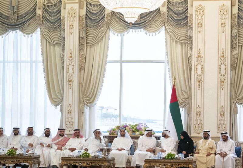 ABU DHABI, UNITED ARAB EMIRATES - April 22, 2019: HH Sheikh Mohamed bin Zayed Al Nahyan, Crown Prince of Abu Dhabi and Deputy Supreme Commander of the UAE Armed Forces (5th R), meets with HH Sheikh Mohamed bin Rashid Al Maktoum, Vice-President, Prime Minister of the UAE, Ruler of Dubai and Minister of Defence (4th R), during a Sea Palace barza. Seen with HH Sheikh Mohamed bin Saud bin Saqr Al Qasimi, Crown Prince and Deputy Ruler of Ras Al Khaimah (6th R), HE Dr Amal Abdullah Al Qubaisi, Speaker of the Federal National Council (FNC) (3rd R), HH Sheikh Tahnoon bin Mohamed Al Nahyan, Ruler's Representative in Al Ain Region (2nd R) and HH Sheikh Saif bin Mohamed Al Nahyan (R). 

( Mohamed Al Hammadi / Ministry of Presidential Affairs )
---