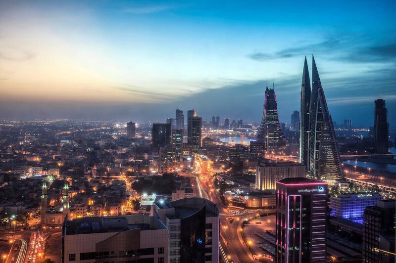 Bahrain, Manama, City center skyline looking towards Bahrain World Trade Center and Bahrain Financial Harbour