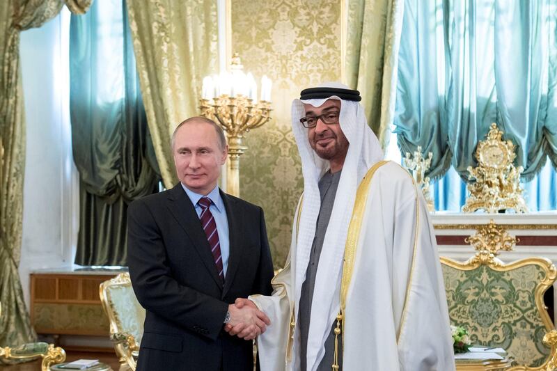 MOSCOW, RUSSIA - April 20, 2017:HH Sheikh Mohamed bin Zayed Al Nahyan Crown Prince of Abu Dhabi Deputy Supreme Commander of the UAE Armed Forces (R), stands for a photograph with HE Vladimir Putin President of Russia (L), at the Kremlin Palace.

( Rashed Al Mansoori / Crown Prince Court - Abu Dhabi  )
--- *** Local Caption ***  20170420RMC04_2265.JPG