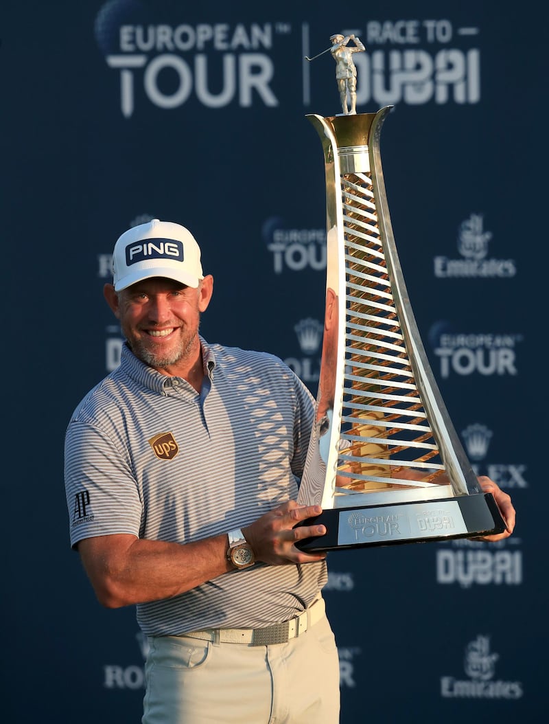 England's Lee Westwood celebrates with the Race to Dubai trophy at the conclusion of the 2020 DP World Tour Championship at Jumeirah Golf Estates on Sunday. Getty